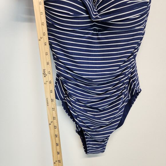 Niptuck One Piece Swim Suit Size 12 Blue White Striped Multi Fit Cup Ruched - Picture 7 of 10